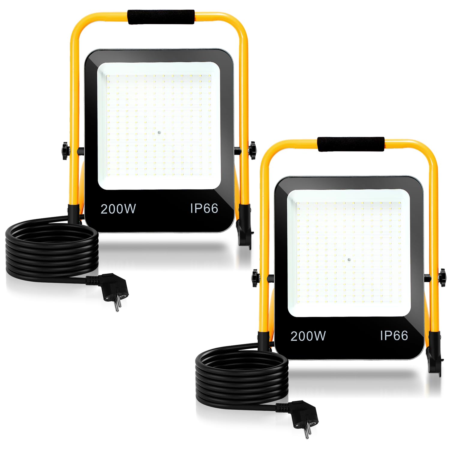 Randaco Projecteur de Chantier LED, 2PCS 200W 16000LM Blanc Froid 6000K avec Support Pliable, Éclairage de Chantier avec câble 3M Prise, Étanche IP66 Idéal pour Travaux Intérieurs et Extérieurs