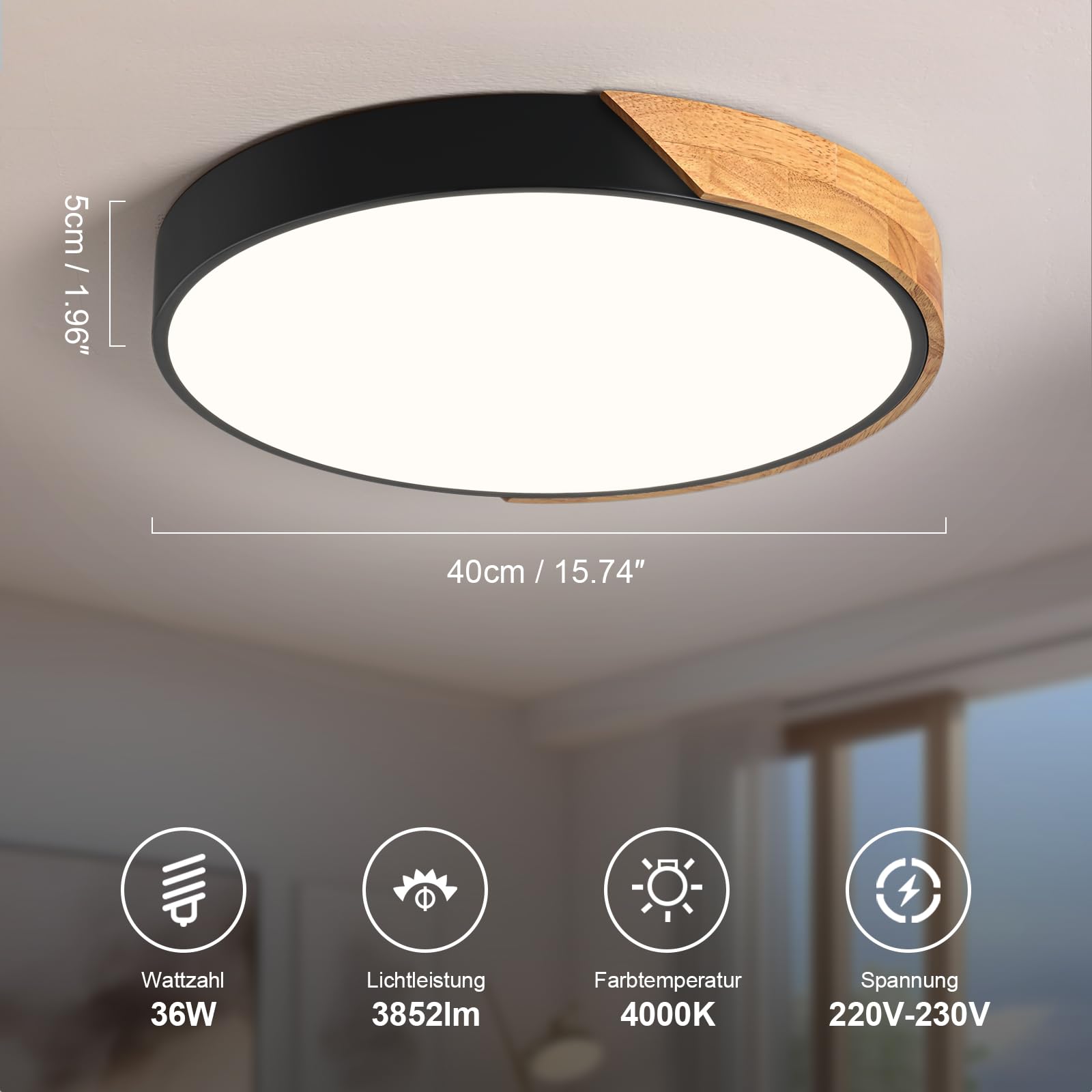 LED Deckenleuchte,Deckenlampe 40cm Runde Holz,Moderne Lampe Schwarz Deckenlampe,36W 4000K deckenleuchten,für Wohnzimmer, Schlafzimmer, Büro,Küche,Flur, Kinderzimmer