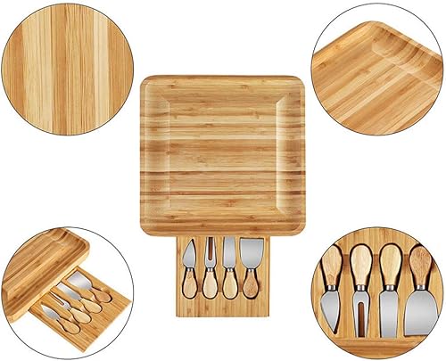 Miniatura 6 de OTOF Tabla de queso de bambú con cajón deslizante para cubiertos, para vino, queso, carne, inauguración de la casa, boda y cumpleaños