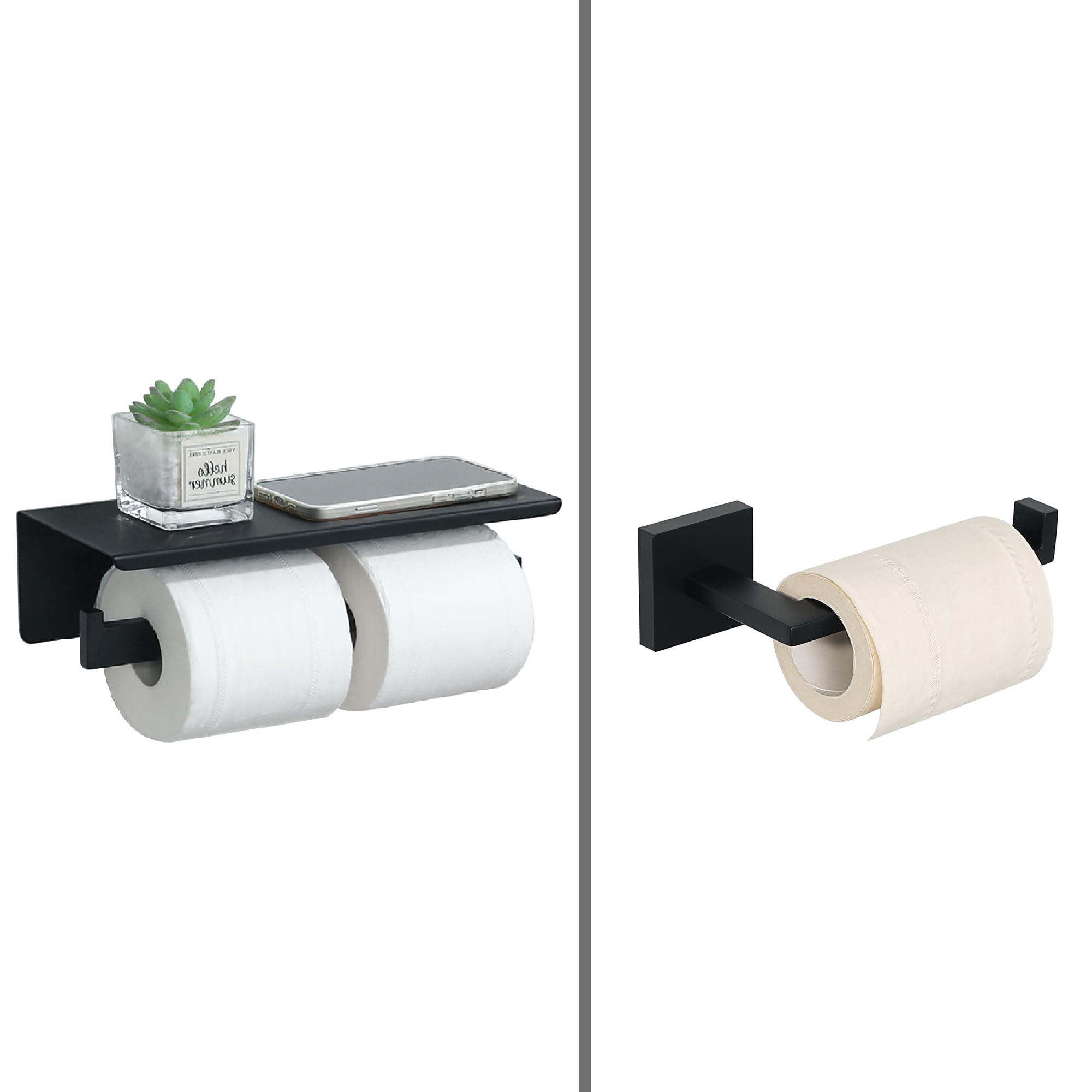 Alise GYT5002-B - Portarrollos de papel higiénico doble para baño con estante, dos instalación de autoadhesivo y perforación de pared, acabado negro mate