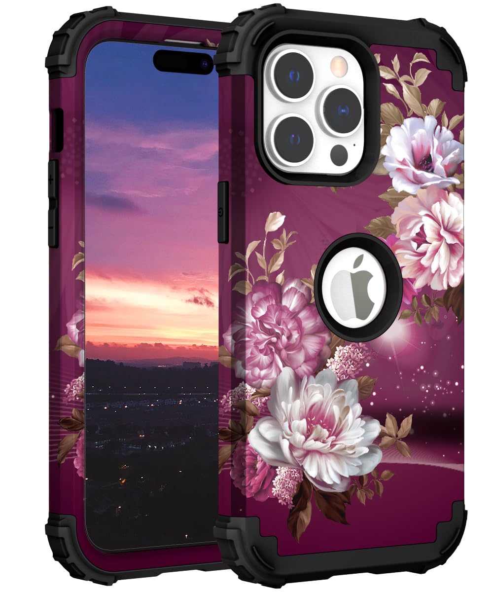 Hocasefor iPhone 15 Pro Max Case, Heavy Duty Shockproof Protection Soft Silicone Rubber Bumper+Hard Plastic Hybrid Protective Case for iPhone 15 Pro Max 6.7" 2023 - Royal Purple Flowers