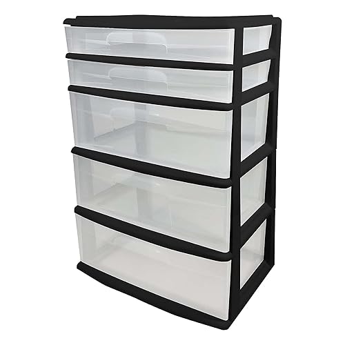 HOMZ Drawer Tower, 5-Tier Extra-Wide Clear Plastic Storage Organizer Cart, Black Frame - Stackable Container Boxes for Bedroom, Bathroom, Garage, and Office Organization - Black Frame - 5 Drawers - Cart