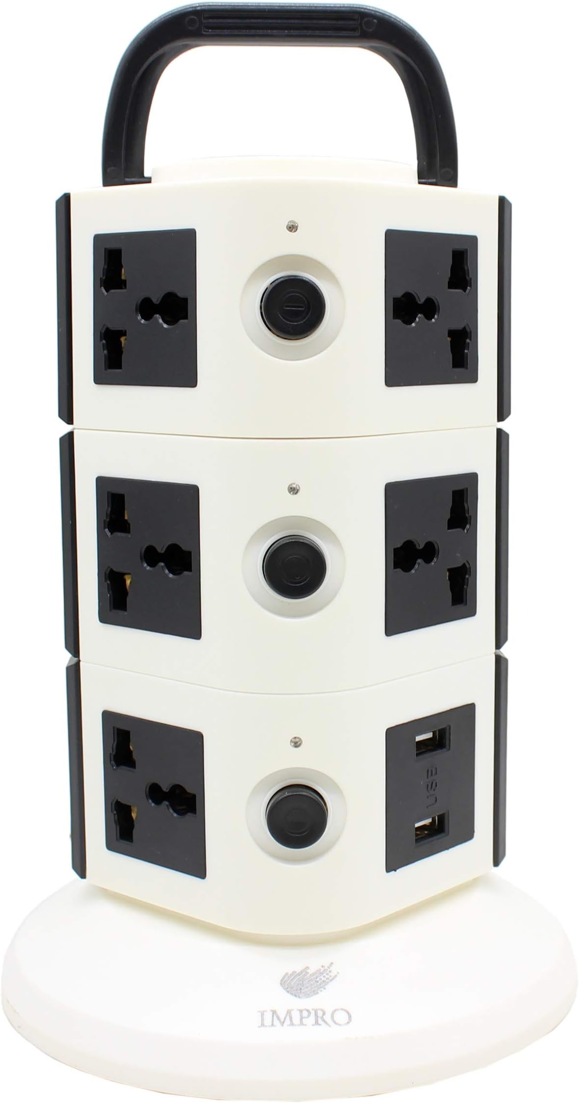 Impro Black Colour 11 Socket + 2 USB Ports Spike Buster Surge Protector / 3 Floor Vertical / 10A Plugs / 2500W Rated Power/Copper Core Cable/ABS Material / 1.6 Meter Cord Length