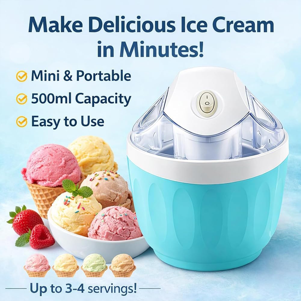 Mini Gelatiera, 500Ml Yogurt Gelato Elettrico, Facilitatore di Dessert con Un Solo Tocco per Famiglie per Yogurt Gelato Fatti in Casa blue