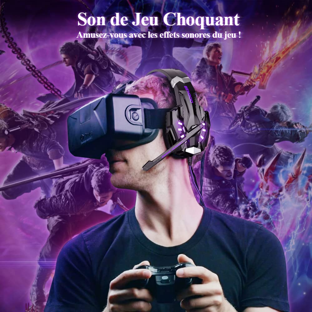 BENGOO G9000 Casque de Jeu Stéréo pour PS4, PC, Manette Xbox One, Casque Gamer Antibruit avec Micro, Lumière LED, Basse Surround, Cache-Oreilles à Mémoire Souple (Violet)