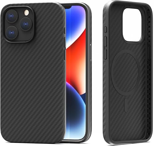 lopie Funda diseñada para iPhone 15 Pro Max, cubierta dura de fibra de aramida real con acabado de fibra de carbono, protección contra caídas de