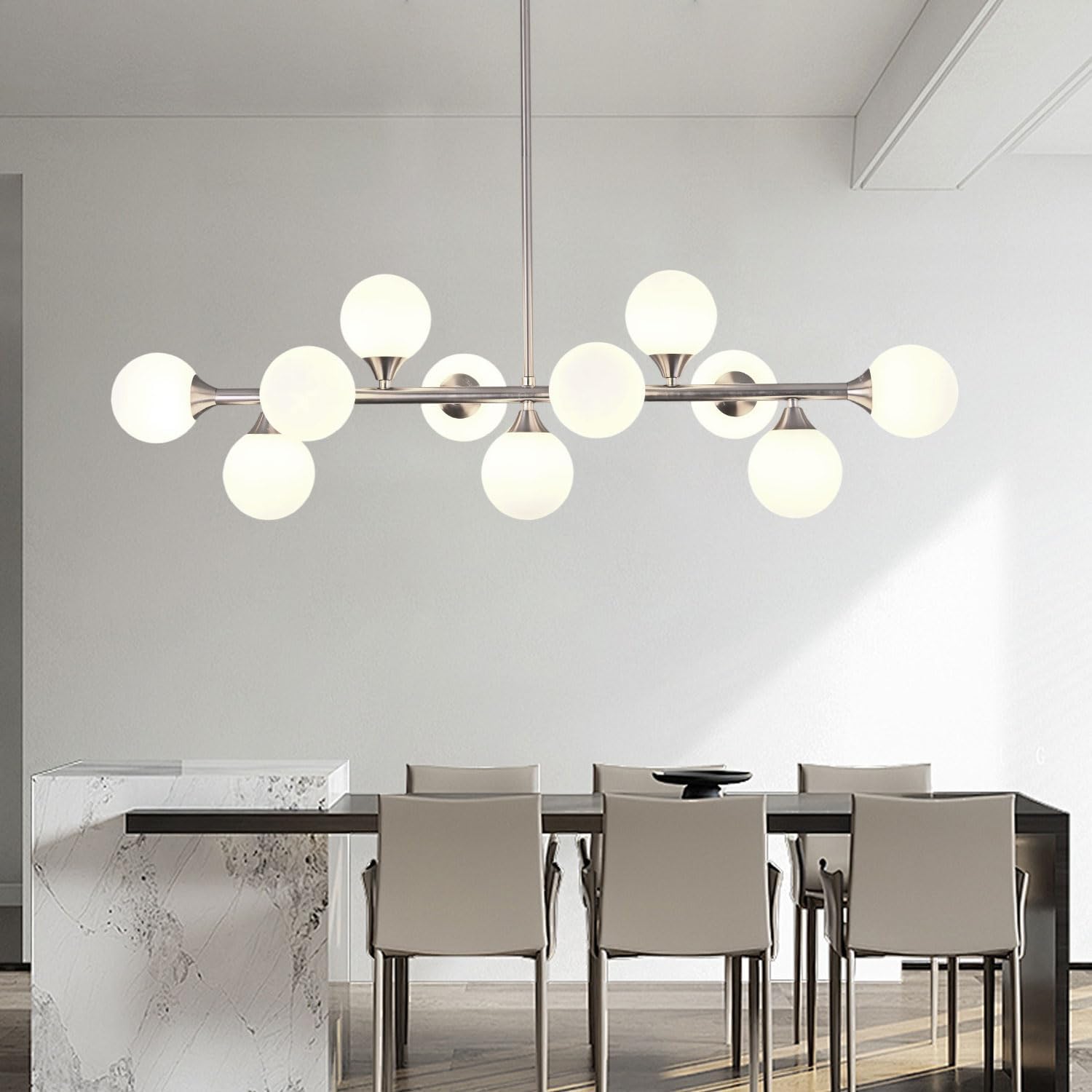 Mid Century Modern Brushed Nickel Chandelier 11-Light Linear Chandeliers for Dining Room and Kitchen Island, Dining Light Fixture Over Table, wthe White Glass Bubble, 40 Inch