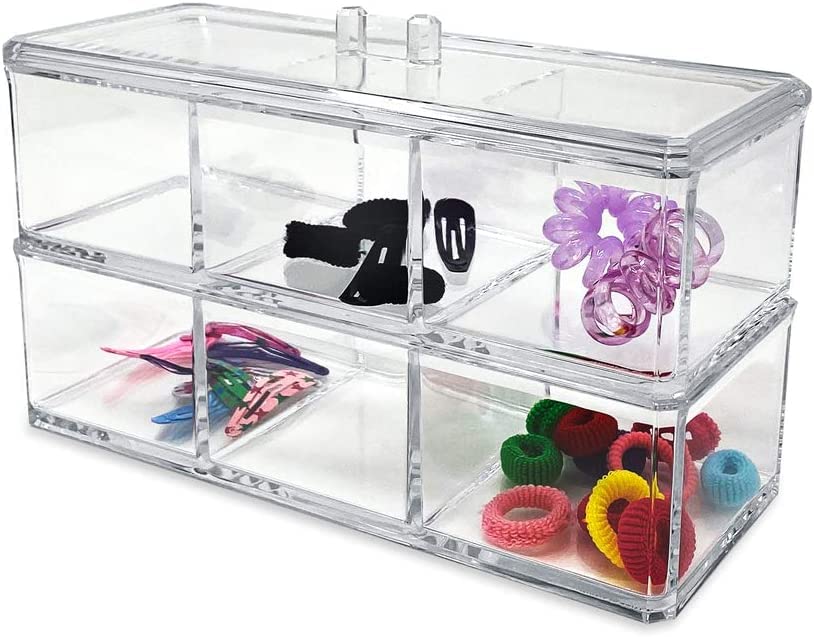 Snazzy Clear Acrylic Make Up Organizer Box Double Deck Dresser Container Case with Lid for Jewelry Cosmetic Bathroom Storage Holder For Cotton Ball And Swab, (6 Compartment)-image-44