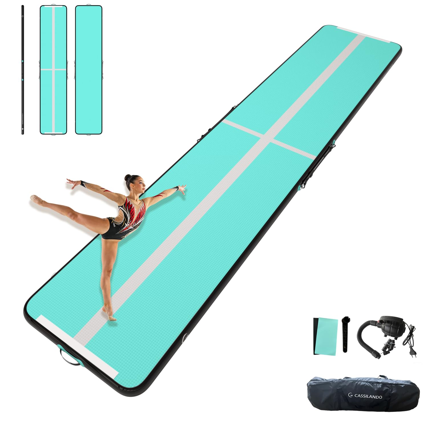 CASSILANDO Air Gymnastics Track Tumbling Mat 16ft Training mat, 4 inches Thick High Air Tumble Track Mat with Electric Pump for Home Use/Gym/Yoga/TrainingOutdoor, Mint Green/Black