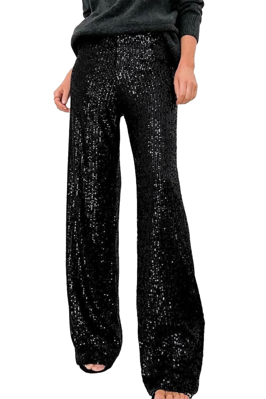 Women Shiny Sequin Flare Pants Y2k Wide Leg High Rise Loose Club Party Trousers Night Out Dance Stretch