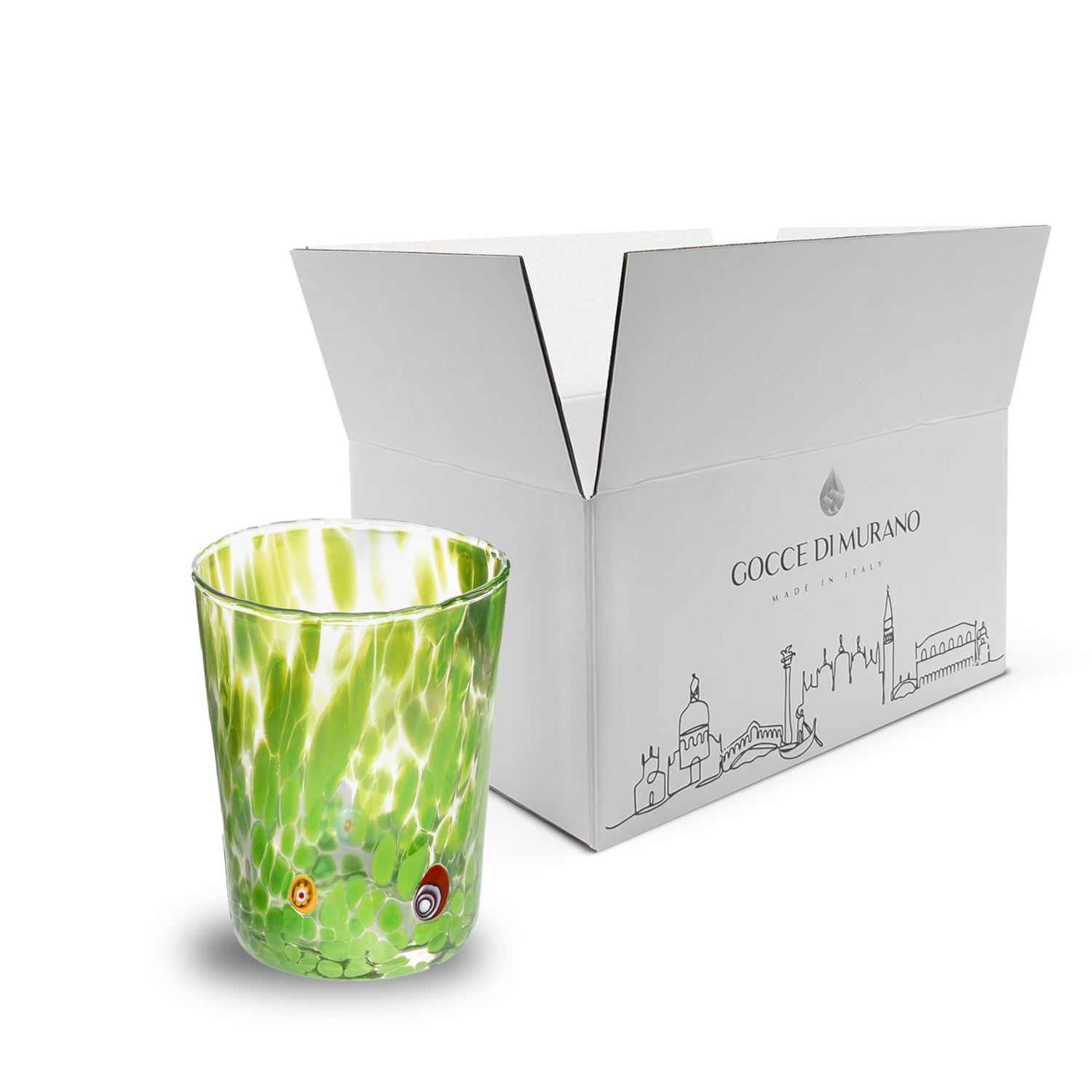 Gocce di Murano Arcobaleno Pioggia - 6 vasos de agua elaborados según la tradición de los artesanos de Murano, vidrio soplado y trabajado a mano, 300 ml