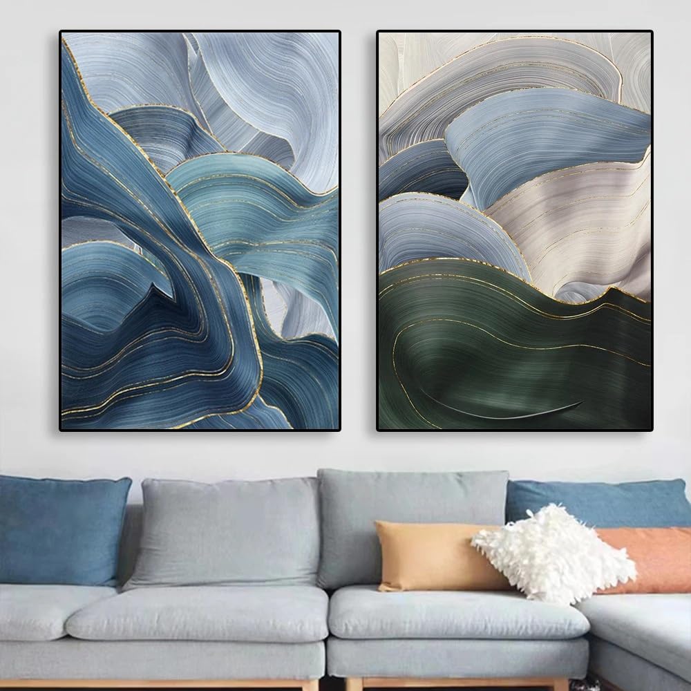 WBYZAC Set of 2-Golden Texture Wall Art Poster Abstract Blue Canvas Painting Prints Black White Canvas Painting Wall Art Living Kitchen Office Room Decor-40 * 50cm (No Frame)