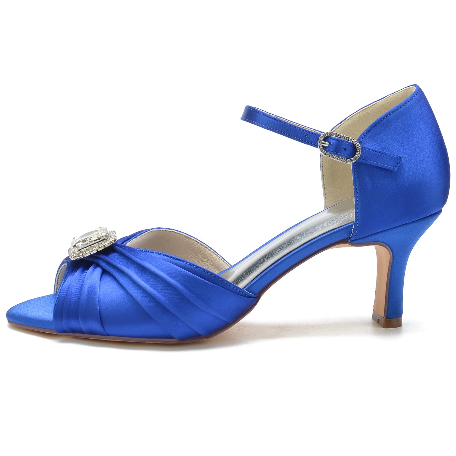 Sandali Donna Open Toe Satin Pieghettato Tacco Medio Matrimonio con Cristallo a Taglio Smeraldo Elegante D'Orsay Calzature Cerimonia Chic