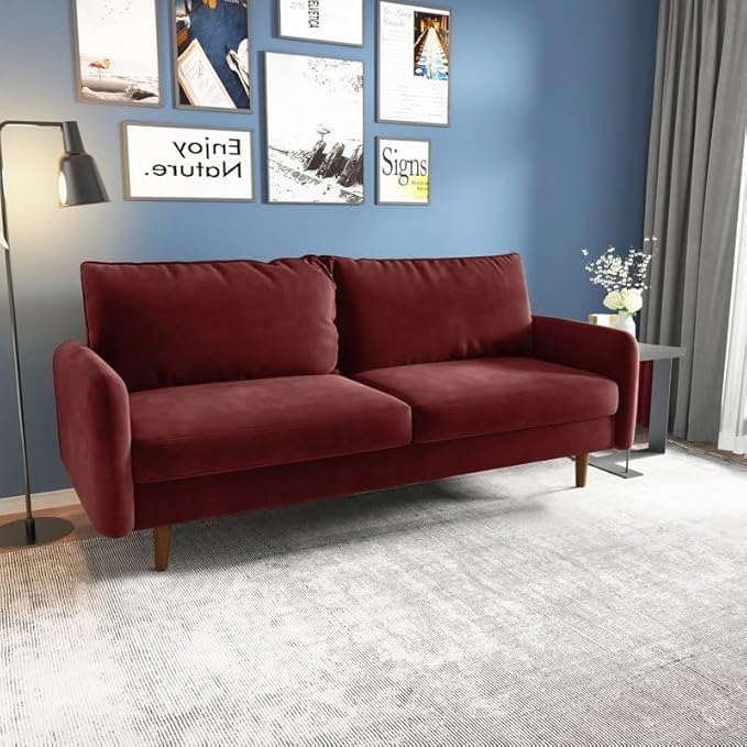 Image of Morrone Velvet Loveseat 3-Seater Sofa, Modern Upholstered Couch for Living Room, Bedroom and Office, Plush Cushion Accent Seating Furniture (Wine Red, 3 Seater)