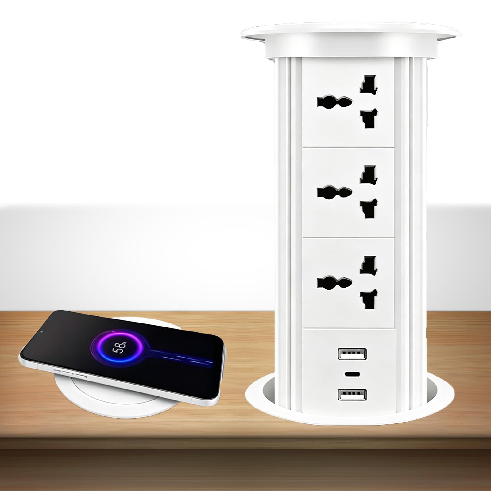 Prese A Scomparsa Per Piani Cucina,3 Prese Multifunzione Ca,2 Usb-A + 1 Usb-C,Ricarica Wireless Da 15W,Sollevamento Intelligente Tramite Tocco,Installazione A Scomparsa,Per Scrivania Di Casa A