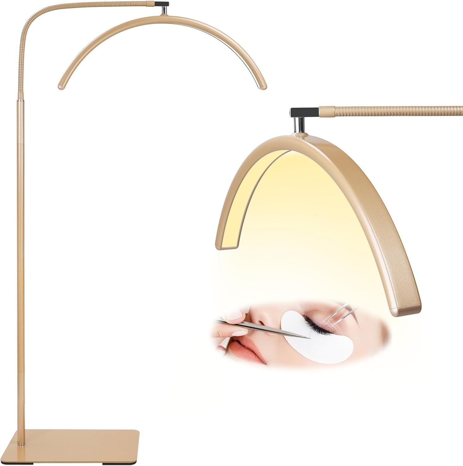 Flexible Gooseneck 19-Inch Eyelash Lamp, Dimmable LED Floor Lamp for Eyelash Extensions, Tattoo Artists, Rotating Half-Moon Head, Adjustable Brightness and Color Temperature (Gold)