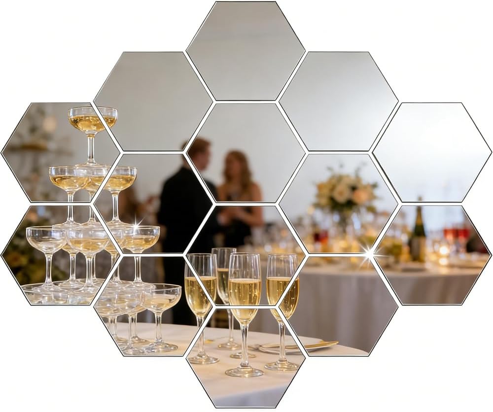 24pc,Silver Hexagonal Acrylic Mirror Wall Decals,DIY Self-Adhesive Removable Acrylic Decorative Background Wall for Living Room Bedroom Sofa Wall Home Decor