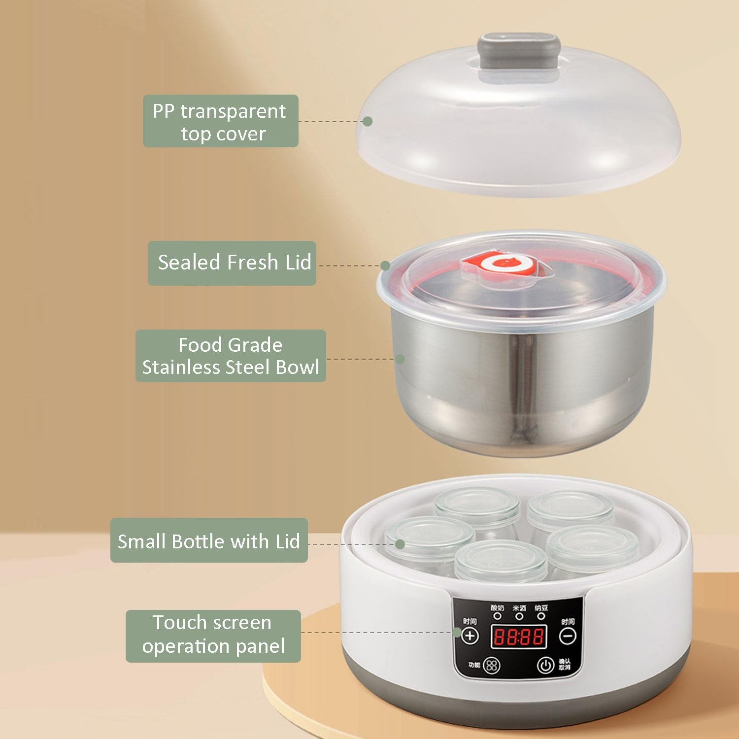 Macchina per Yogurt Automatica, Macchina per Yogurt da 1200 ml con Display LCD, barattoli di Vetro da 5 Pezzi, Controllo della Temperatura e del Tempo Regolabili, Facile Pulizia, per Vino