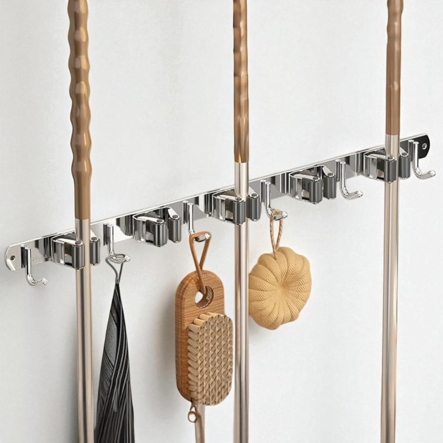 BHAVRUTT Broom and Mop Holder Stainless Steel broom stick-5 Racks and 6 hooks broom hanger Wall Mount Home Tools Organizer for Laundry Room Kitchen Bathroom Garage Garden Storage Utility (multicolor)-image-36