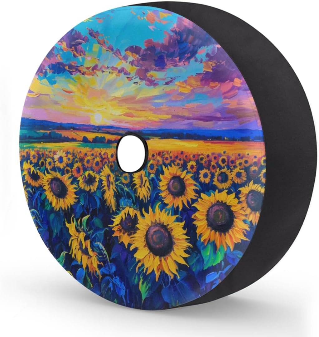 Spare Tire Cover with Backup Camera Hole - 17 Inch Sunflower Field Sunset Print Design for SUV, Trailers and RV