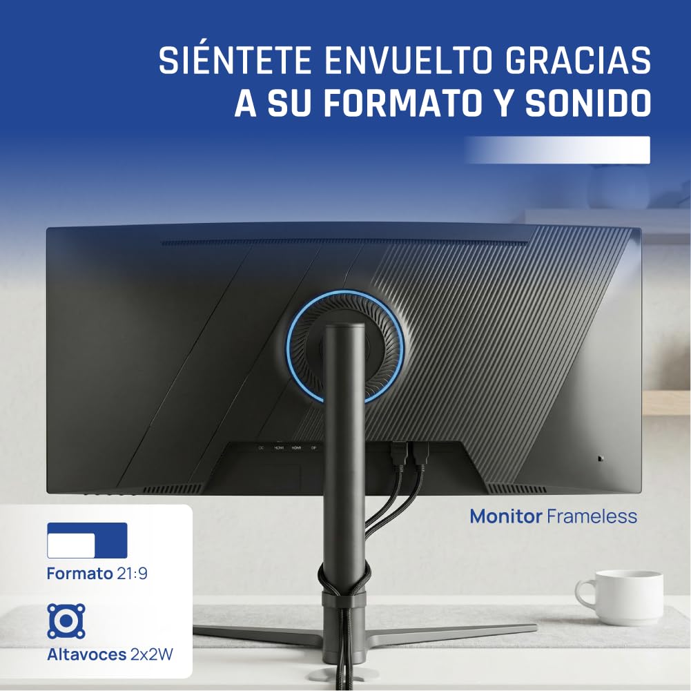 iggual Monitor 4K UltraWide Curvo 34" 21:9 WQHD 3440x1440px, 165 Hz, FreeSync, HDR, R1500, VA, 2xHDMI 2xDP, VESA 75x75,-Regulable Inclinación y Rotación. - Diseño Frameless