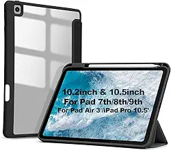 Capa para iPad 7a, 8a e 9a Geração 10.2″, iPad Air 3, iPad pro 10.5″ Case Rígida de Suporte Fino com Despertar/Sono Automático (Preto-10.2)