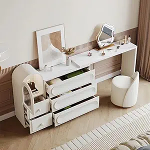 NG Decor Sintered Stone White Corner Makeup Vanity with Mirror, Vanity Table with 5 Drawers