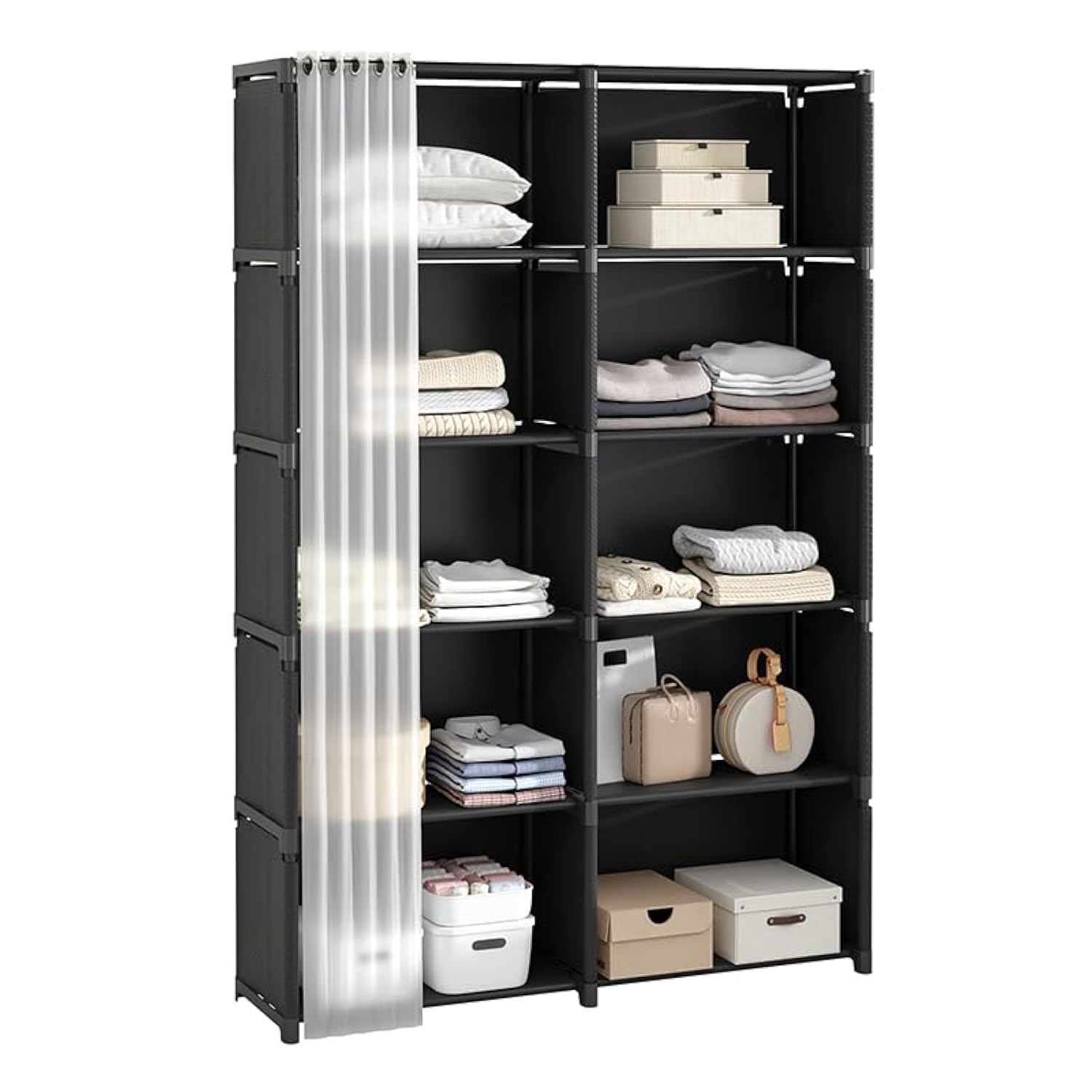Dttwacoyh 1 Piece 6 Storey Double Row Storage，10 Cube Storage Organizer with Curtains ，Portable Bookcase, Black Bookcase,Multifunctional Storage Cabinet, Suitable for Office, Bedroom, Bathroom