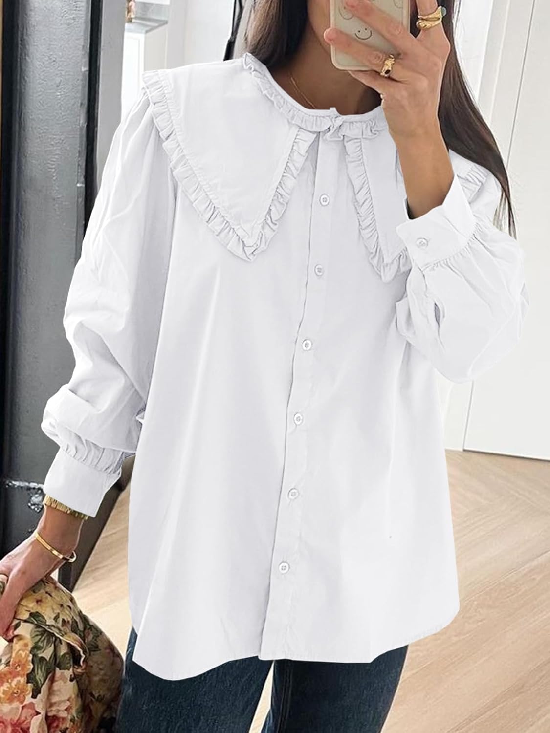 Tankaneo Womens Button Down Shirts Cotton Puff Sleeve Babydoll Blouse Fall Casual Doll Collar Tops - Image 6