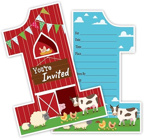 Haizct Paquete de 15 invitaciones de fiesta de animales de granja con sobres para niños, fiesta de primer cumpleaños, tarjetas de invitación para