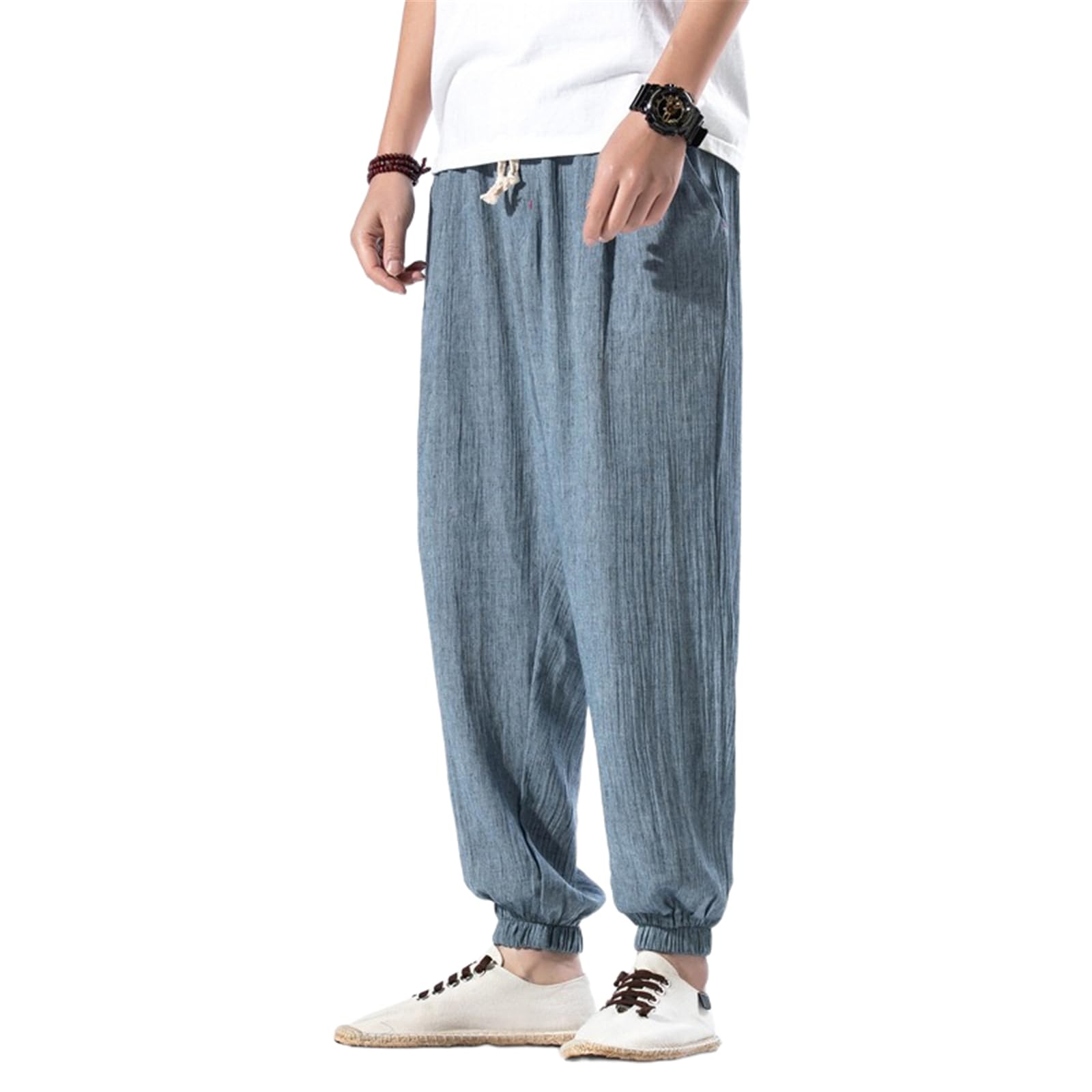Stile Cinese Pantaloni in Lino Uomo, con Polsini Casual Estate Pantaloni da Spiaggia