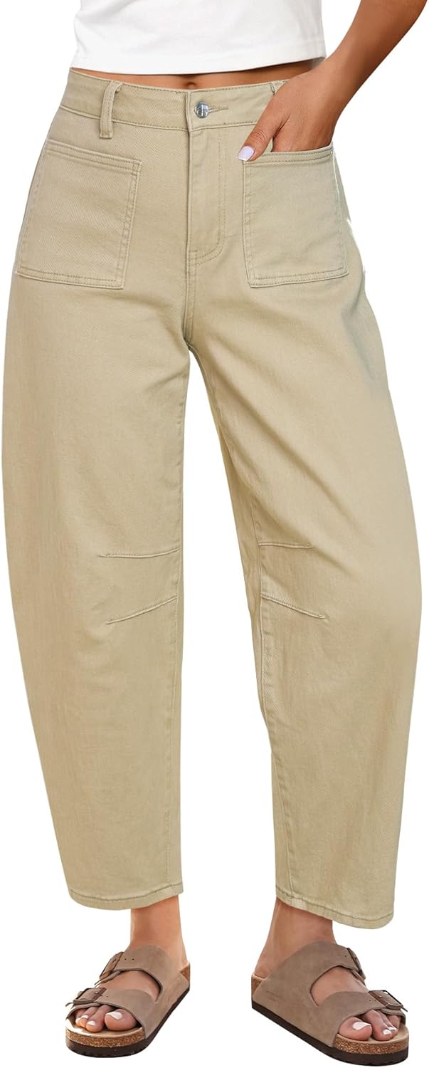 GRAPENT Barrel Jeans for Women Trendy Cropped High Waisted Patch Pocket Baggy Stretch Denim Pants Casual Wide Leg Jeans