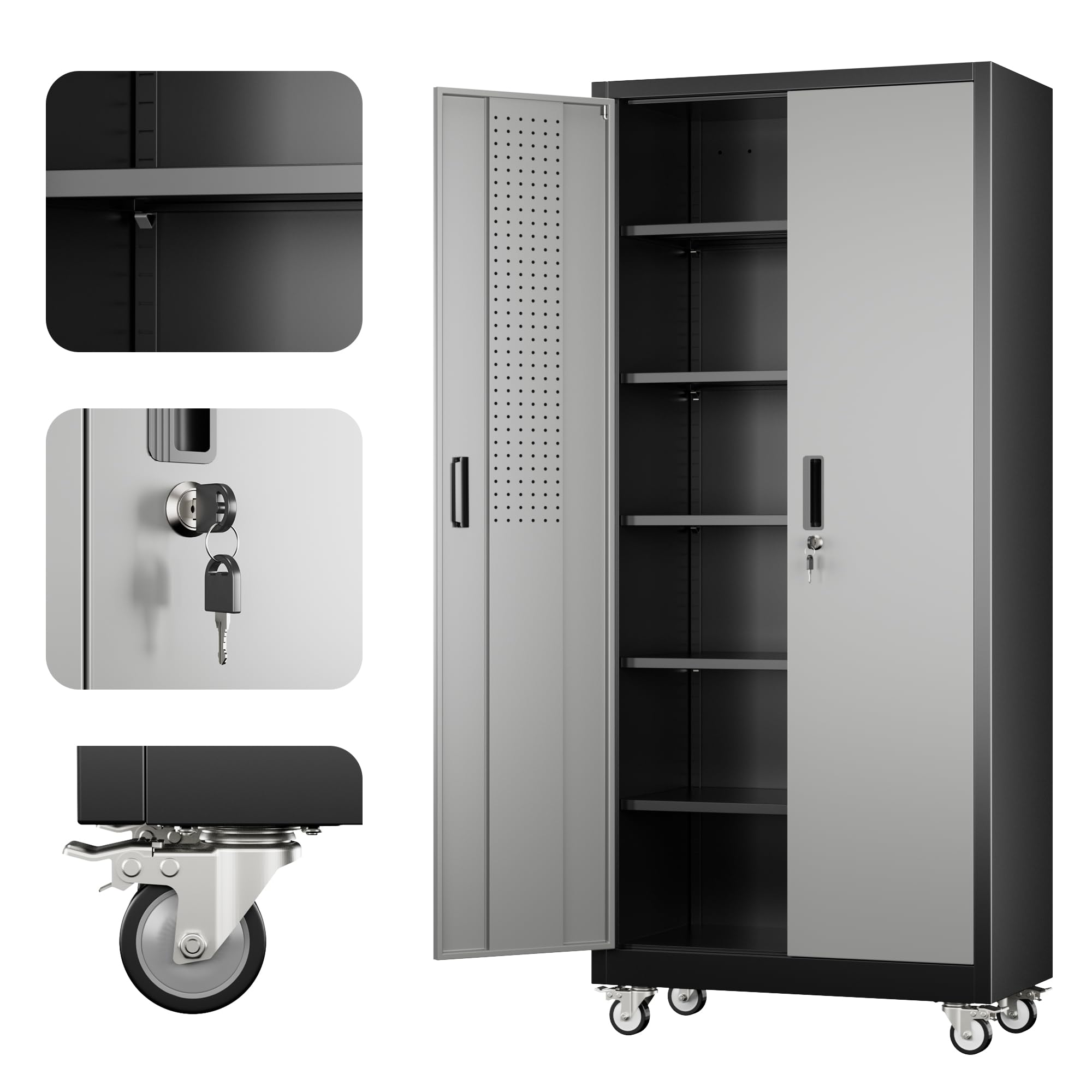 Aobabo Upgrade 71H''*32''W*16''D Metal Garage Storage Cabinet with Wheels and Pegboards, 5 Adjustable Shelves Steel Storage Cabinets for Home,Warehouse,Garage,Assembly Required,Black Gray