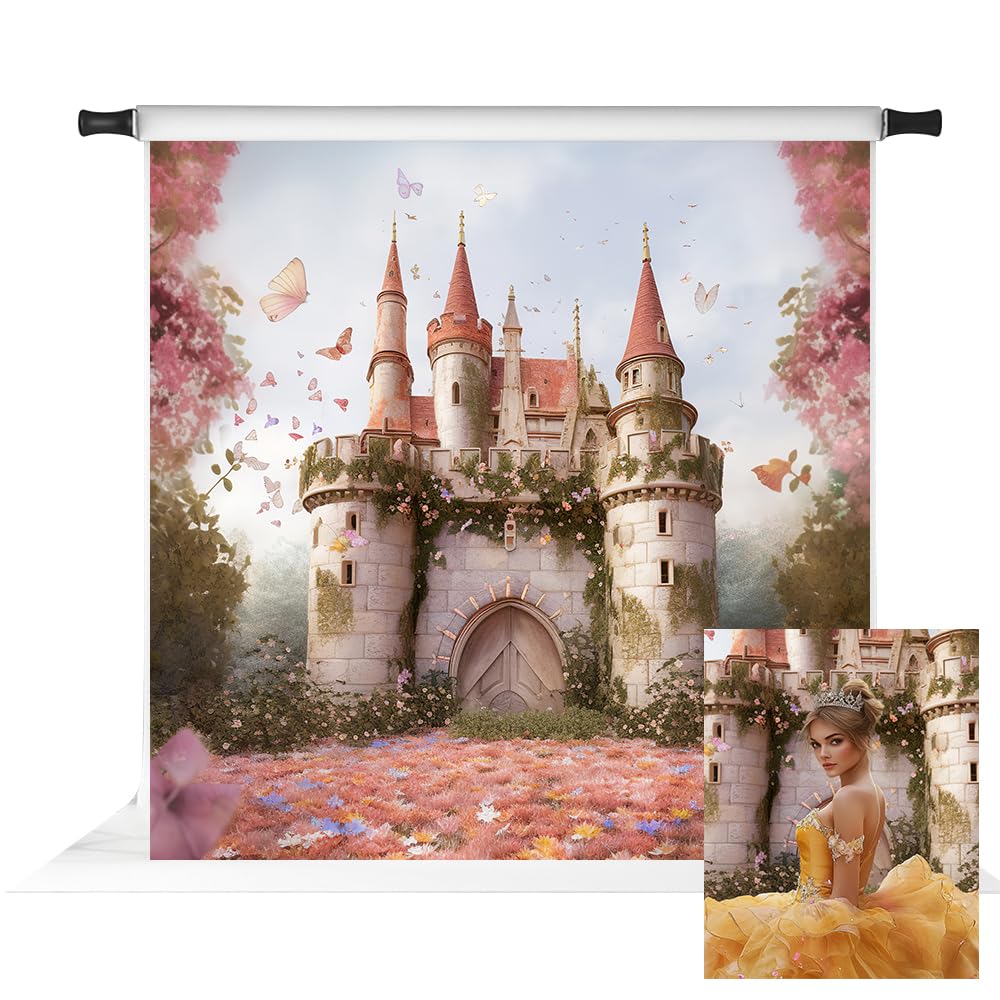 Kate 8x8ft Princess Castle Backdrop - Pink Floral Photography Background For Birthday Parties