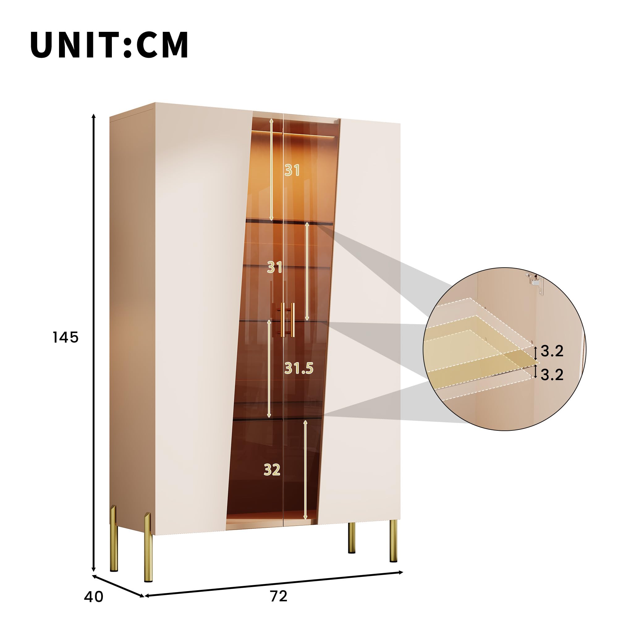 Armadio in vetro con anta asimmetrica in vetro temprato, 3 ripiani in vetro, maniglia in metallo e piedini in metallo, come vetrina per sala da pranzo, libreria, colore: beige