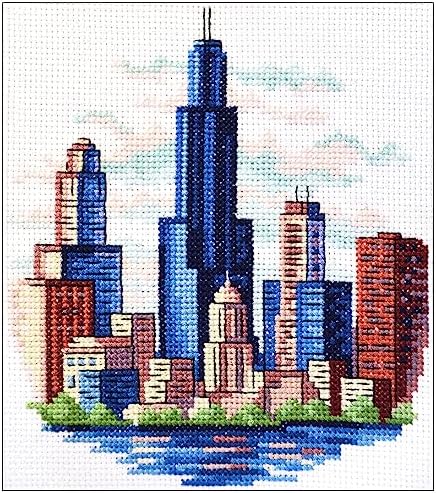 Povitrulya Counted Cross Stitch Kit for Adults “Chicago” - Chi-Town Cityscape Hand Embroidery Set with Pattern, 14-Count Aida Cloth and Pre-Sorted Cotton Threads
