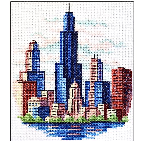 Image of Povitrulya Counted Cross Stitch Kit for Adults inchChicago inch - Chi-Town Cityscape Hand Embroidery Set with Pattern, 14-Count Aida Cloth and Pre-Sorted Cotton Threads