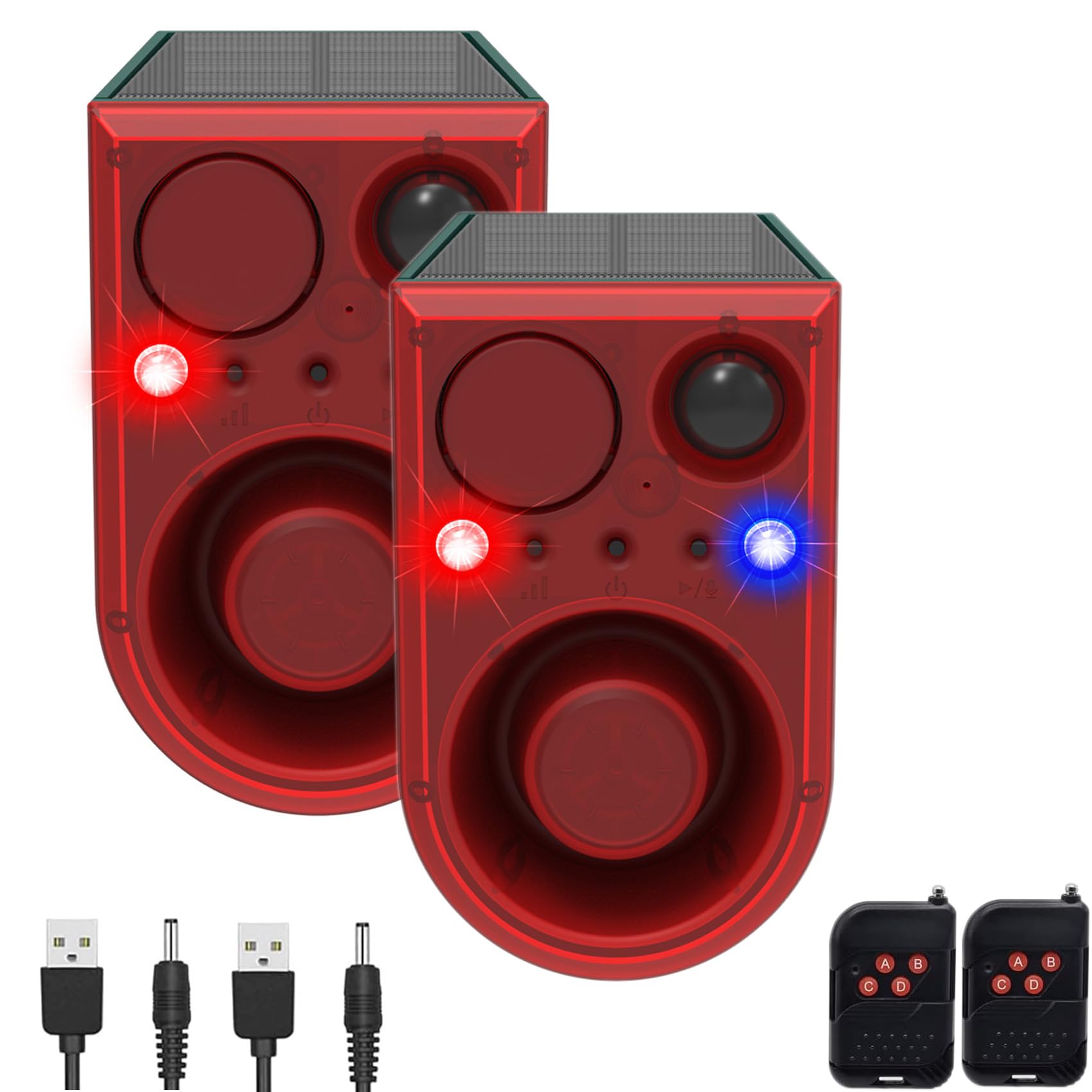 Solar Outdoor Motion Sensor Alarm, 130dB rotes und blaues blinkendes Sicherheitslicht mit Fernbedienung, 13 Sounds und Aufnahmen angepasst, um Eindringlinge abzuhalten (2 Stück)