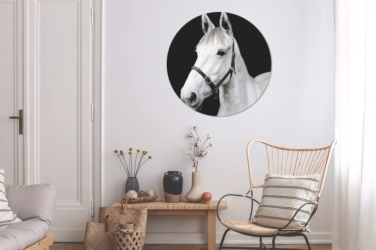 MuchoWow Wandbild Rund Wanddeko Deko Wohnzimmer Bilder 90x90 cm Pferd - Halfter - Weiß