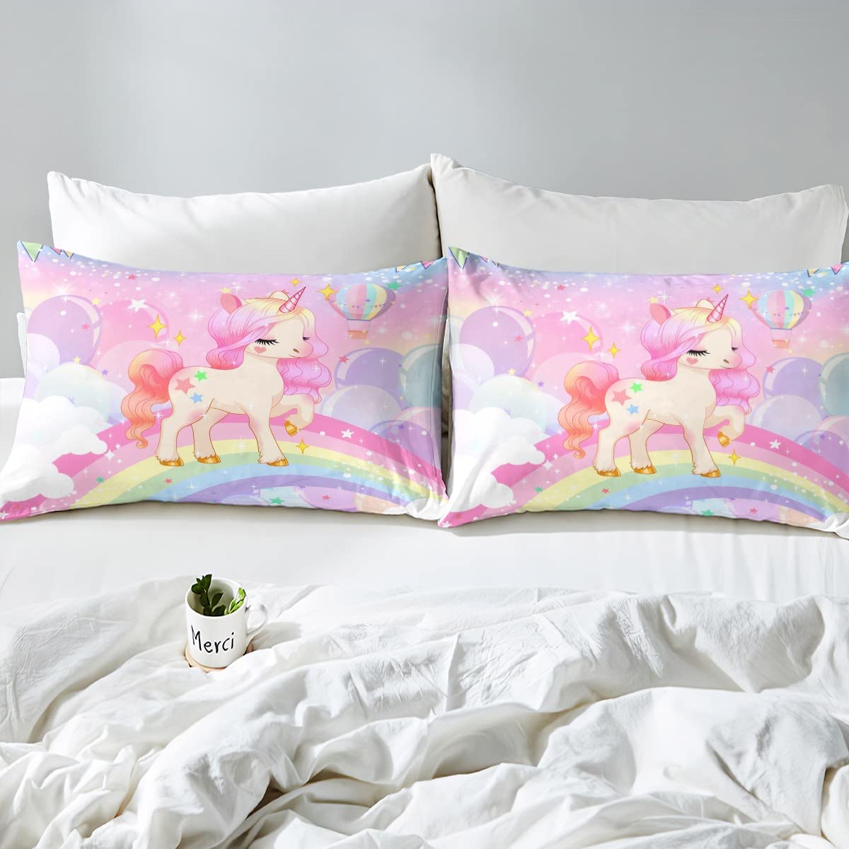 Einhorn Mädchen Bettwäsche 135x200cm Rosa Regenbogen Bettbezug Kinder Kawaii Cartoon Pferd Set mit 1 Kissenbezug