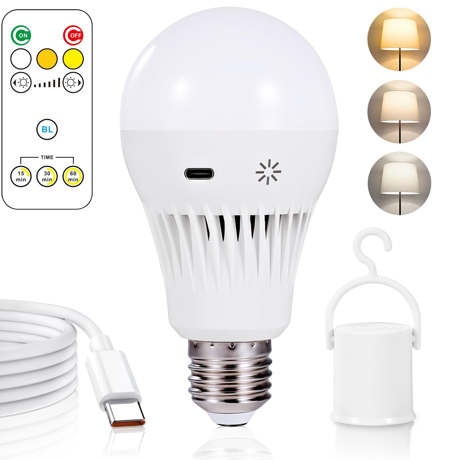 ZDOZITZ Rechargeable Light Bulb with 3 Colour Temperatures, for Home Power Outage, Outage, Emergency Reading Lighting, Camping, Outdoor Activities, 2600 mAh Battery, Dimmable, Remote Control