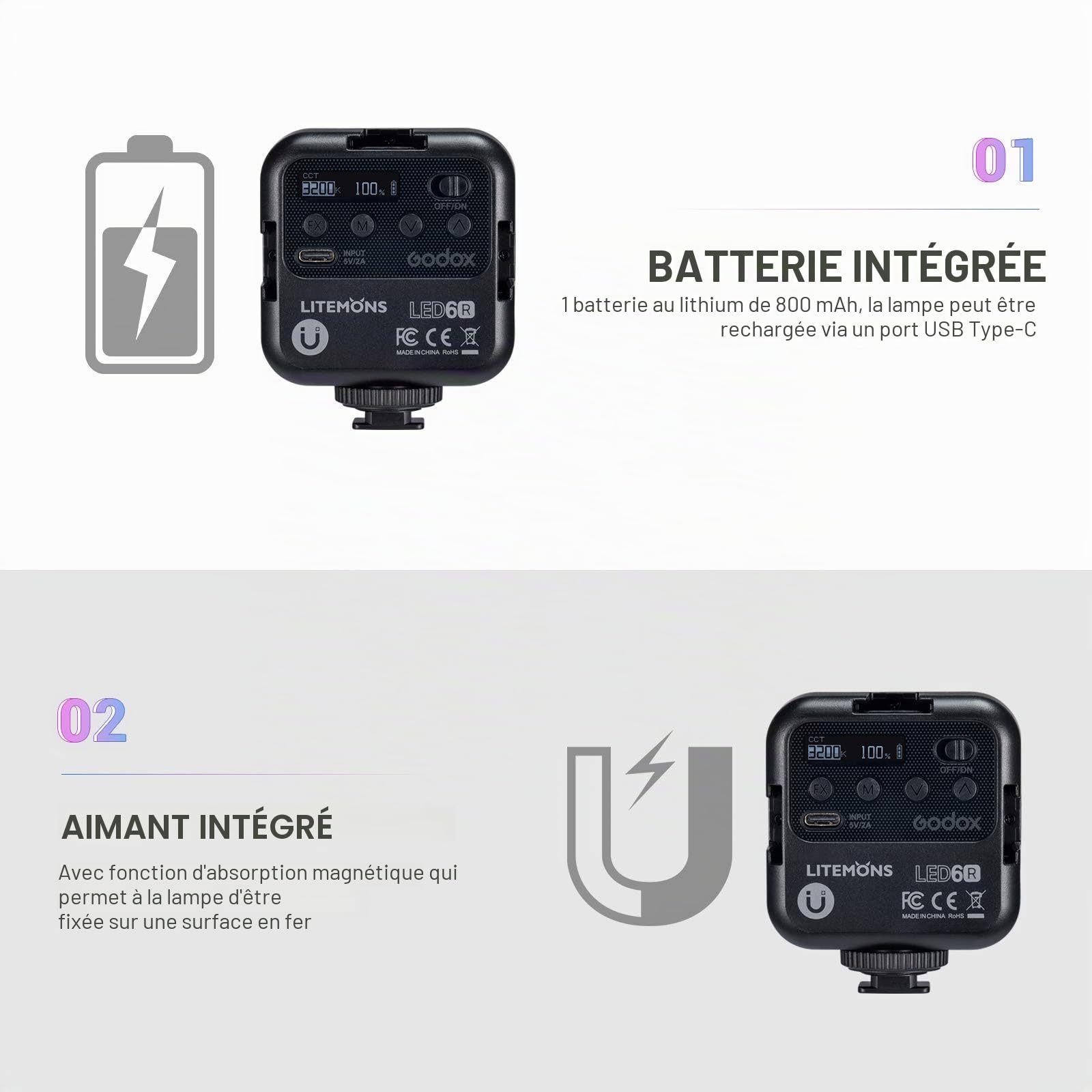 GODOX LITEMONS LED6R RGB LED Vidéo Lampe, Lumière Bicolore 3200K-6500K CRI 95, 13 FX Effets d'éclairage, HSI Mode, Rechargeable pour Tournage, Diffusion en Direct, Microfilmage et Enregistrement