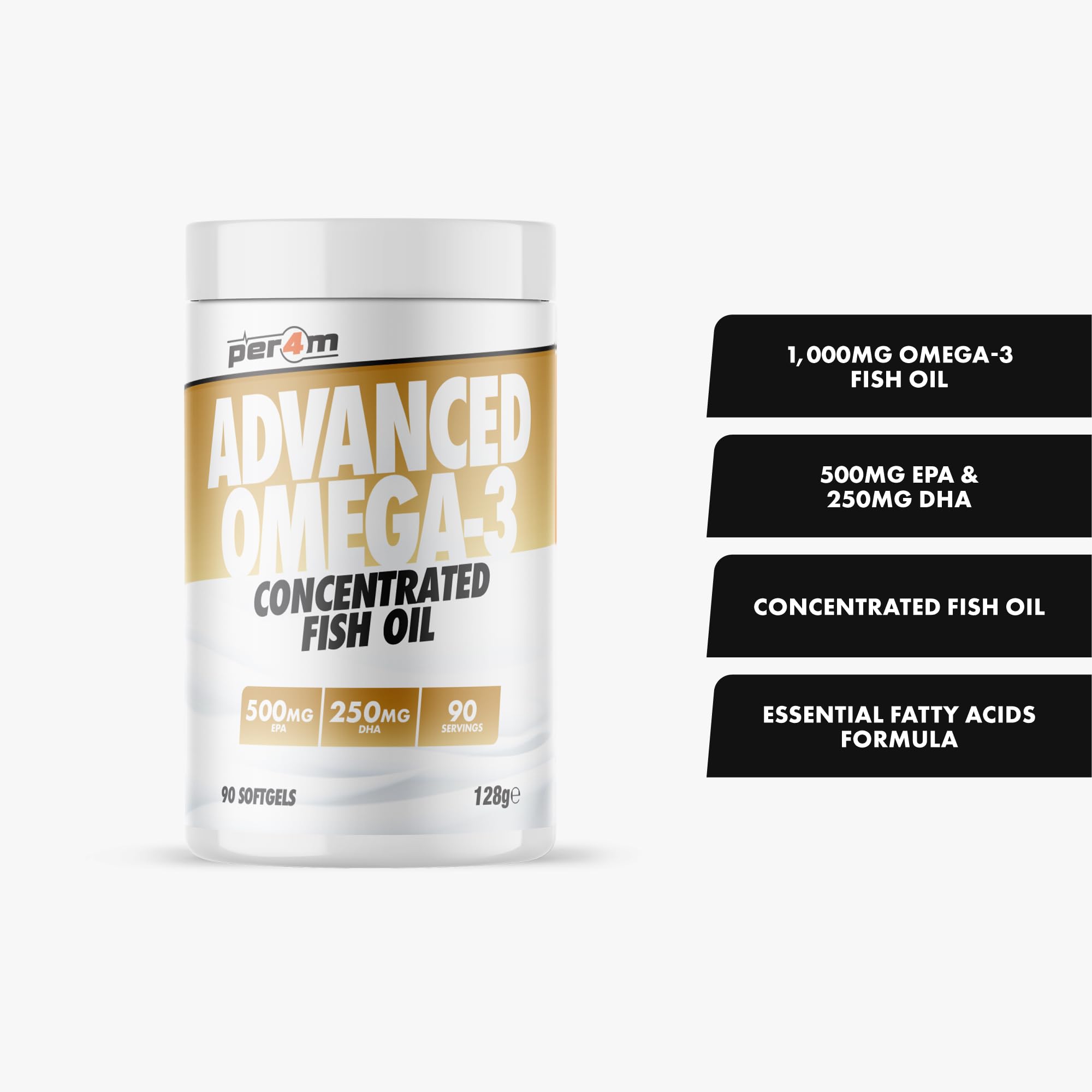 Per4m Advanced Omega-3, Kwasy Tłuszczowe EPA i DHA z Oleju Rybiego, Zdrowie Serca i Mózgu, Redukcja Stanów Zapalnych, Zdrowie Stawów i Skóry dla Aktywnych, Suplementacja – Kapsułki Softgel – 90 szt.