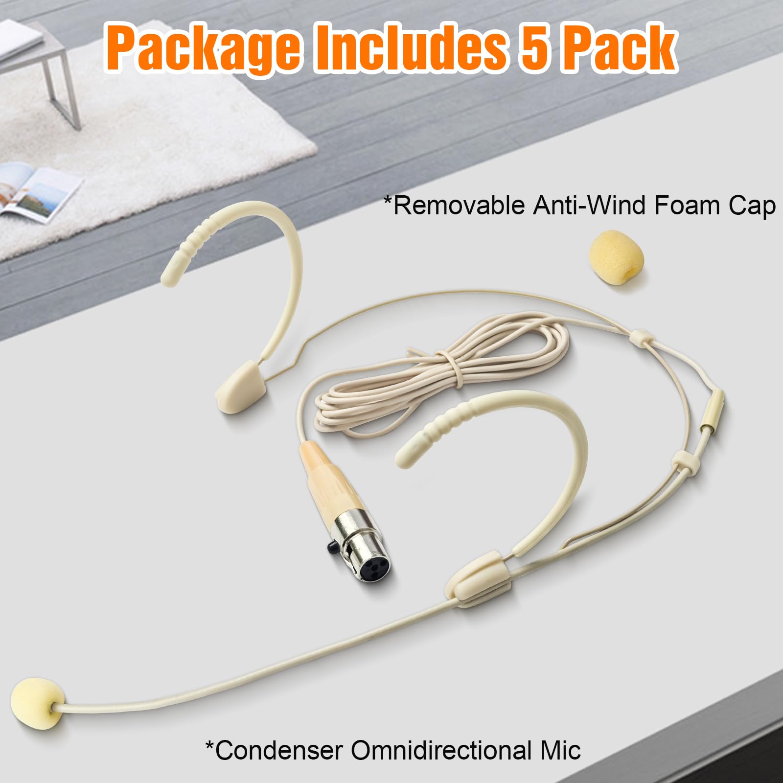 Headset-Mikrofon mit zwei Ohrhörern, zum Aufhängen, Mini-XLR, 4-poliger TA4F-Stecker für Shure, Silikon-Ohrbügel, 1,5 m Kabel, geeignet für Bühne, Vorträge, Live-Auftritte, Theater, 5 Stück