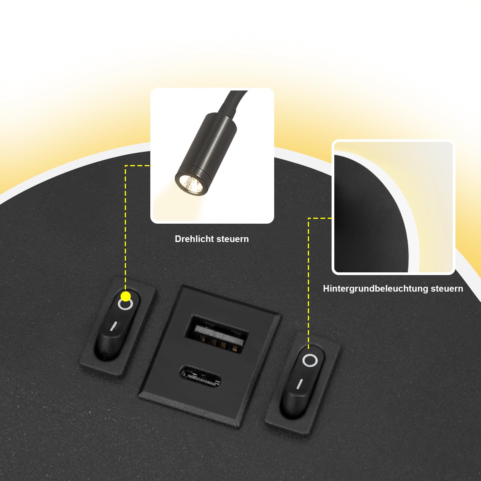 LED lámpara de pared mesita de noche 12 W LED spot regulable 3 W + 9 W 3000 K luz cálida (carga USB negro)