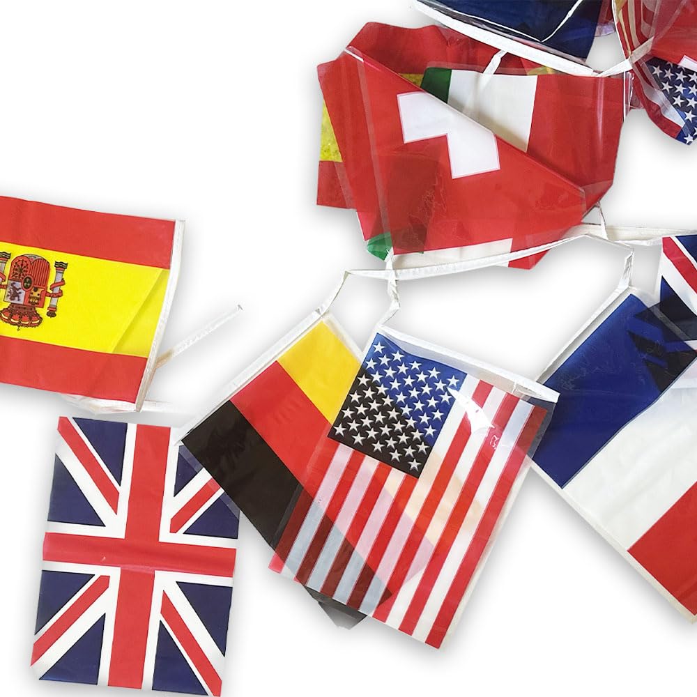 Wimpelkette Mit 100 Länderflaggen - 25,6m Lange Internationale Flaggenkette Für Partys, Schule & Events (ca. 20,3x12,7cm Pro Flagge)