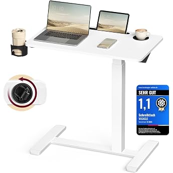Vasagle Side Table with Wheels, Mobile Bar Table, 70 x 40 cm | Large Table Top, Adjustable Height, 2 Cup Holders, Slot for Mo