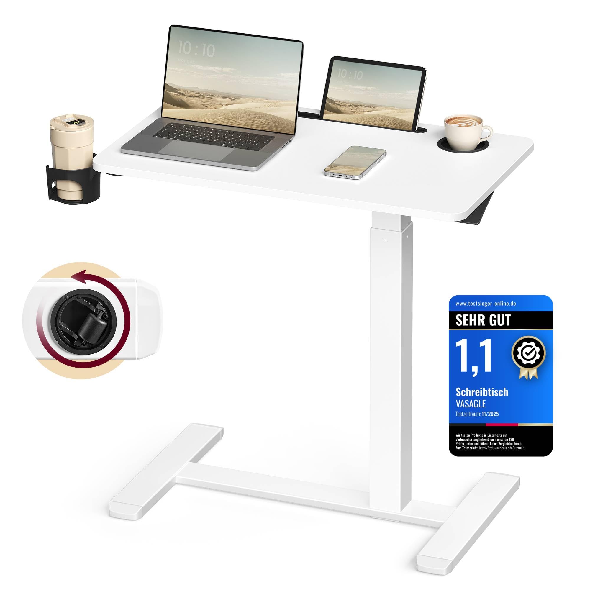 VASAGLE Beistelltisch mit Rollen, mobiler Stehtisch, 70 x 40 cm große Tischplatte, verstellbare Höhe, 2 Getränkehalter, Schlitz für Handy oder Tablet, wolkenweiß LSD600W01