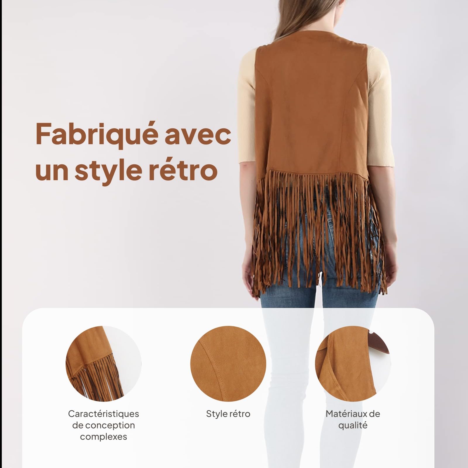 Oshhni Costumes Hippie vêtements années 60 70 Costume Disco Tenues Frange Hippie Gilet Ensemble Marron, M