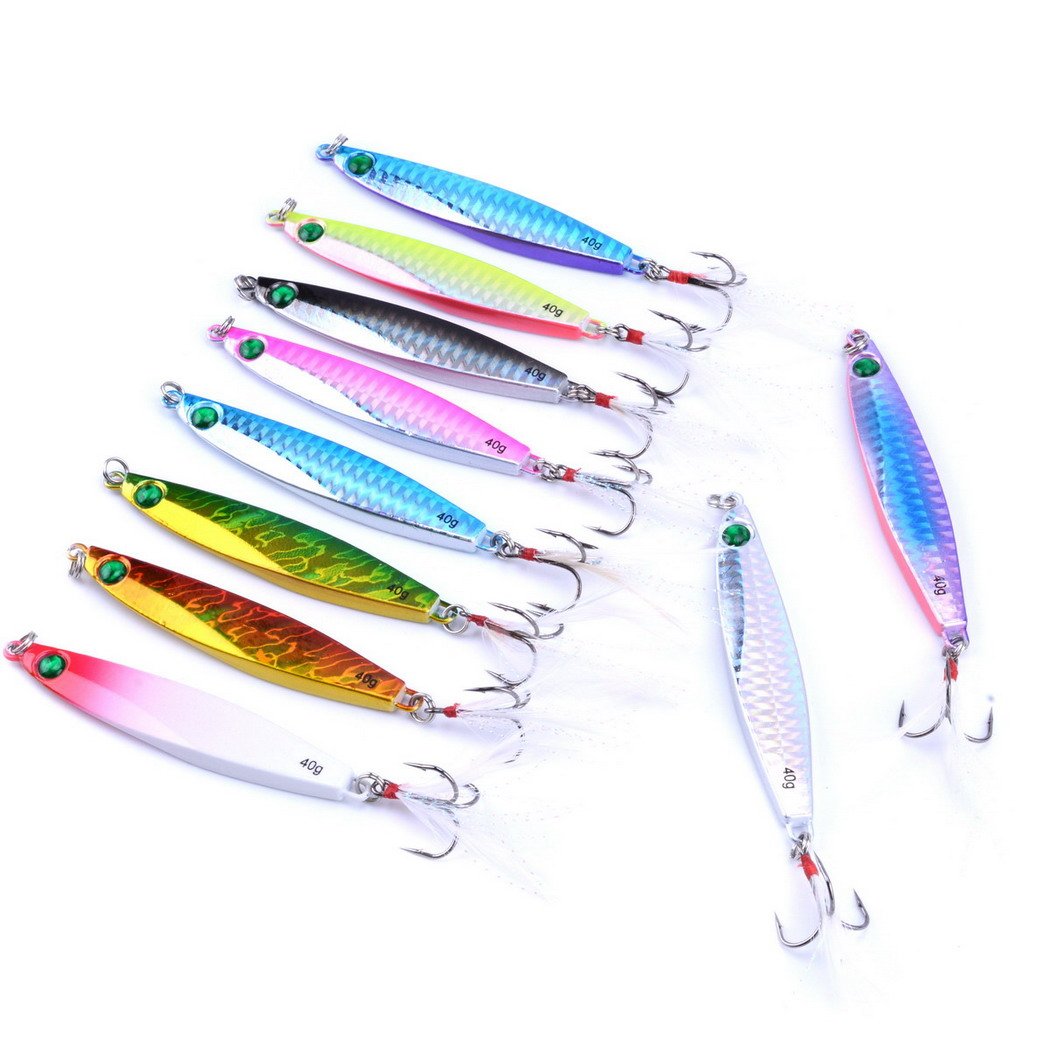 Aorace 10pcs Hard Metal Jigs Diving Sea Fishing Lures Minnow Popper Baits Tackle Crankbait Saltwater Freshwater Lures with Feather